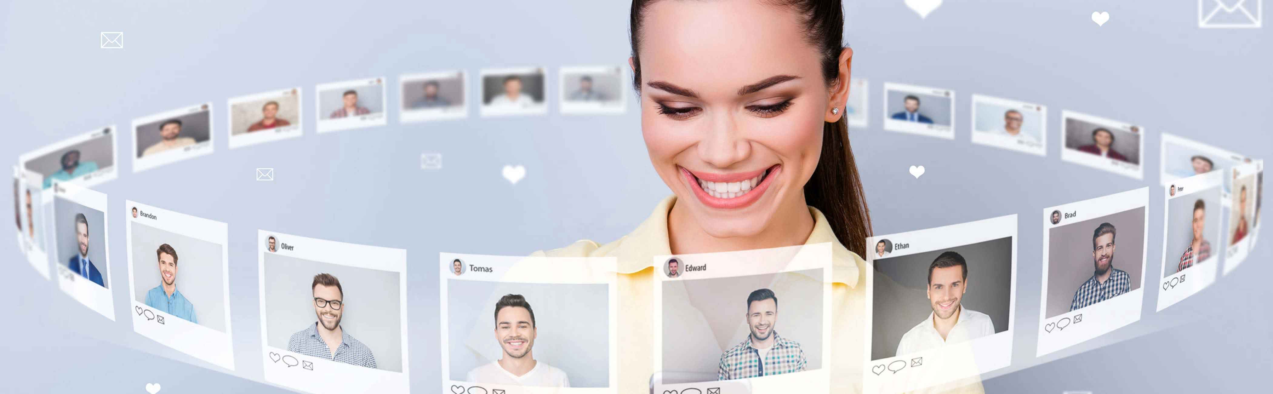Young woman surrounded by Client Avatar images, trying to choose the right one.