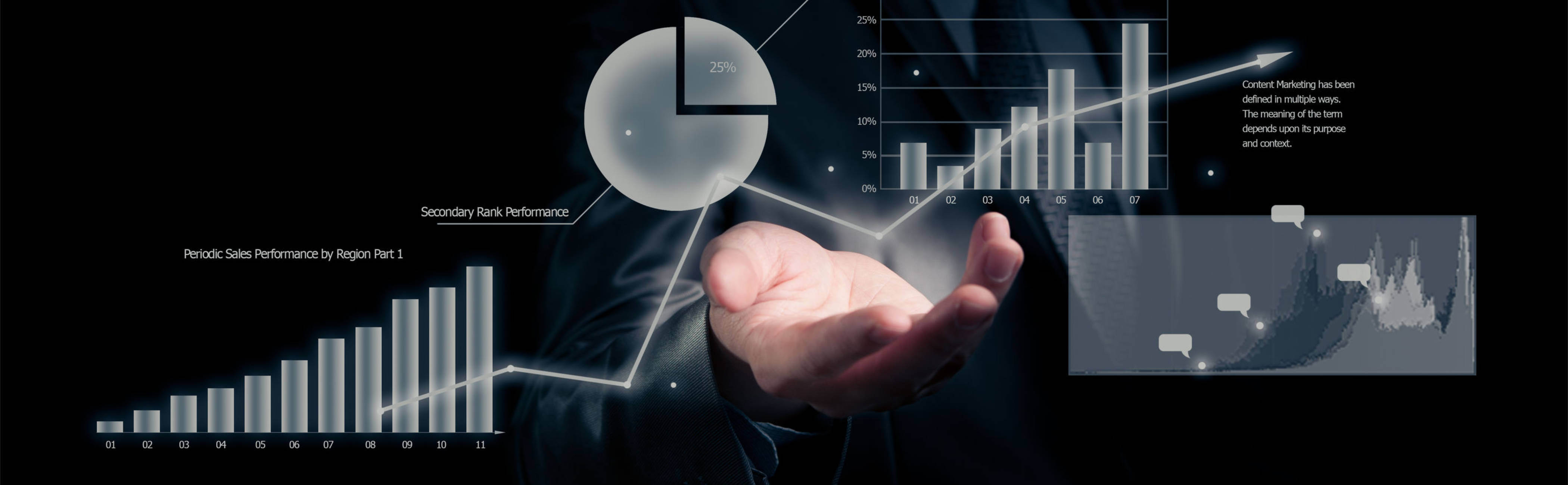 A high tech image of a man juggling graphs and information.