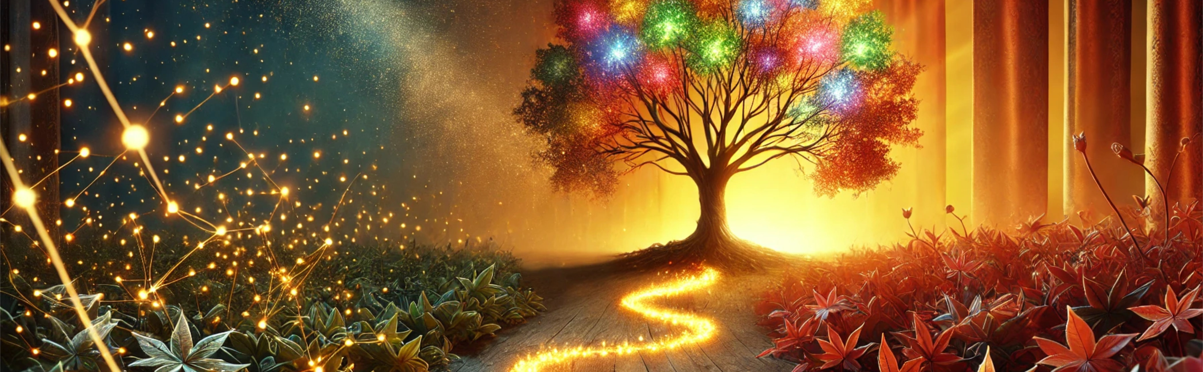 A conceptual image symbolises transformation, growth, and the journey from potential to loyalty. With a path leading to a tree of gems, flanked by flowers.