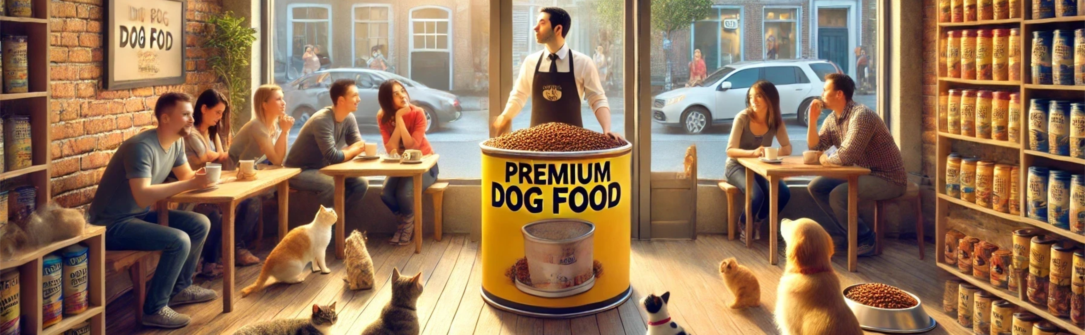 A conceptual image showing a man selling a huge container of dog-food surrounded by cats and cat-people.