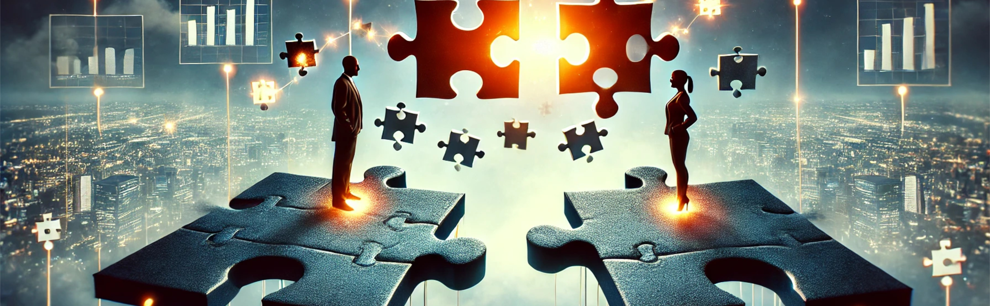 A conceptual image of a man and woman facing each other standing on jigsaw pieces symbolizing the lost meaning.