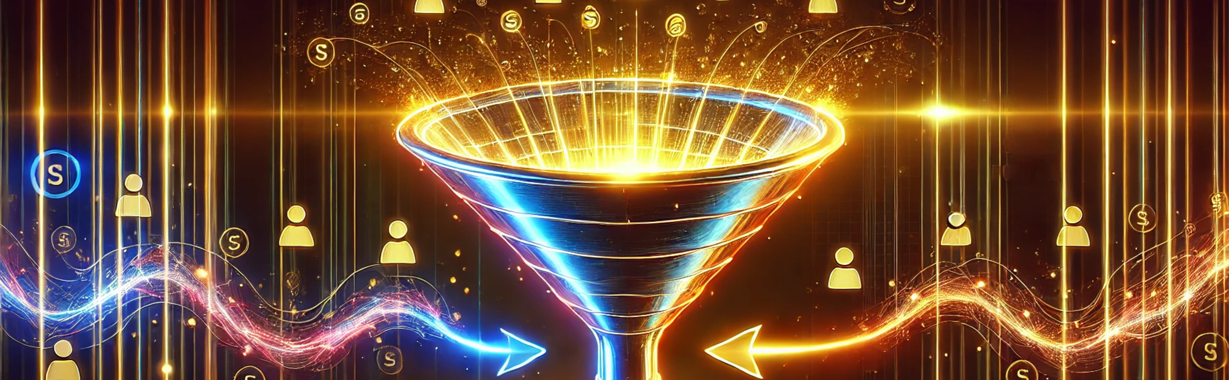 A visually striking conceptual image representing a high-converting sales funnel. The image features a futuristic, glowing funnel shape in a digital landscape.