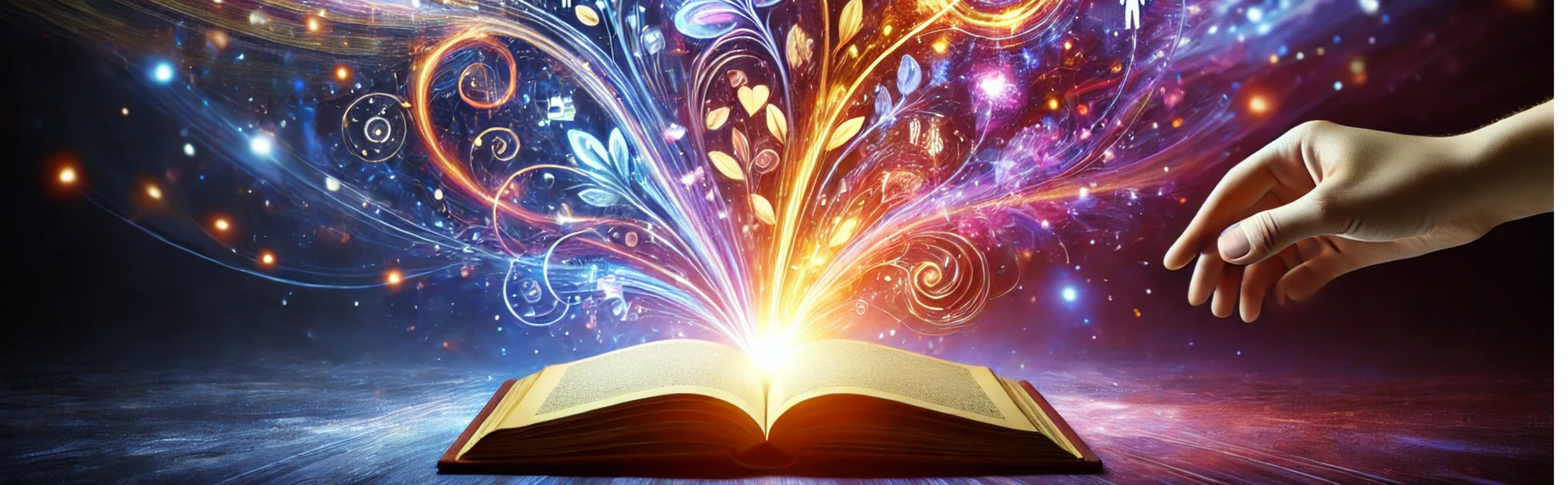 A visually striking conceptual image representing the power of storytelling in marketing. The image features a book with stories coming out and a hand about to turn the page.
