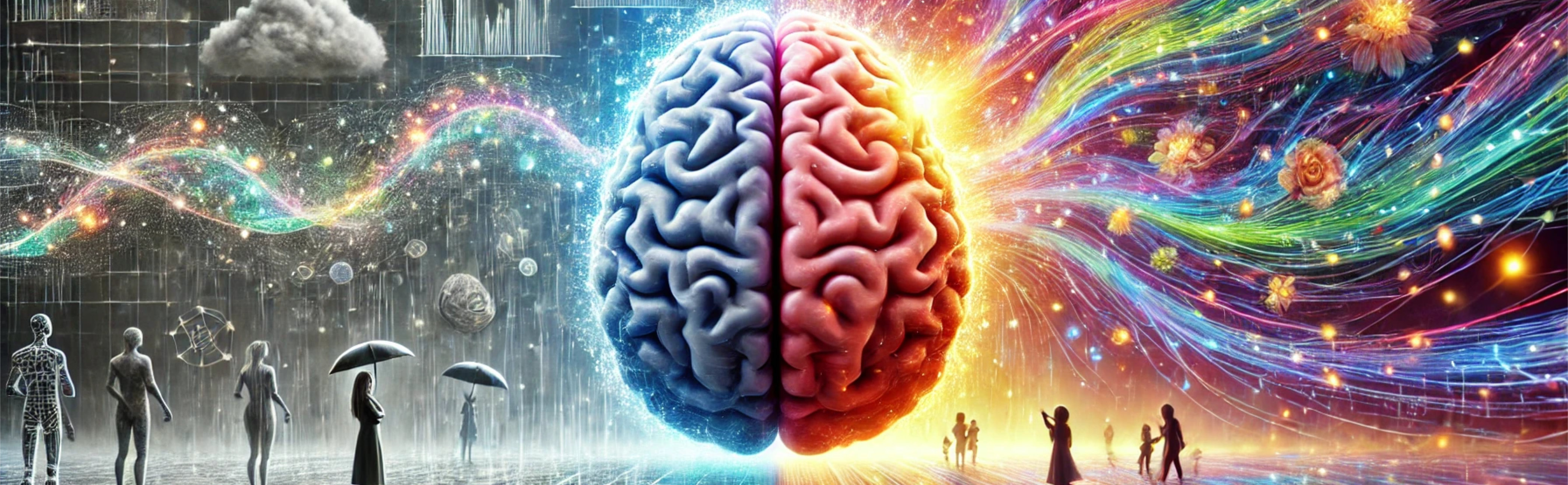 A visually striking conceptual high-definition digital artwork showing a glowing human brain in the center, with vivid streams of light and colorful threads swirling outwards, contrasted with the dull no story world.