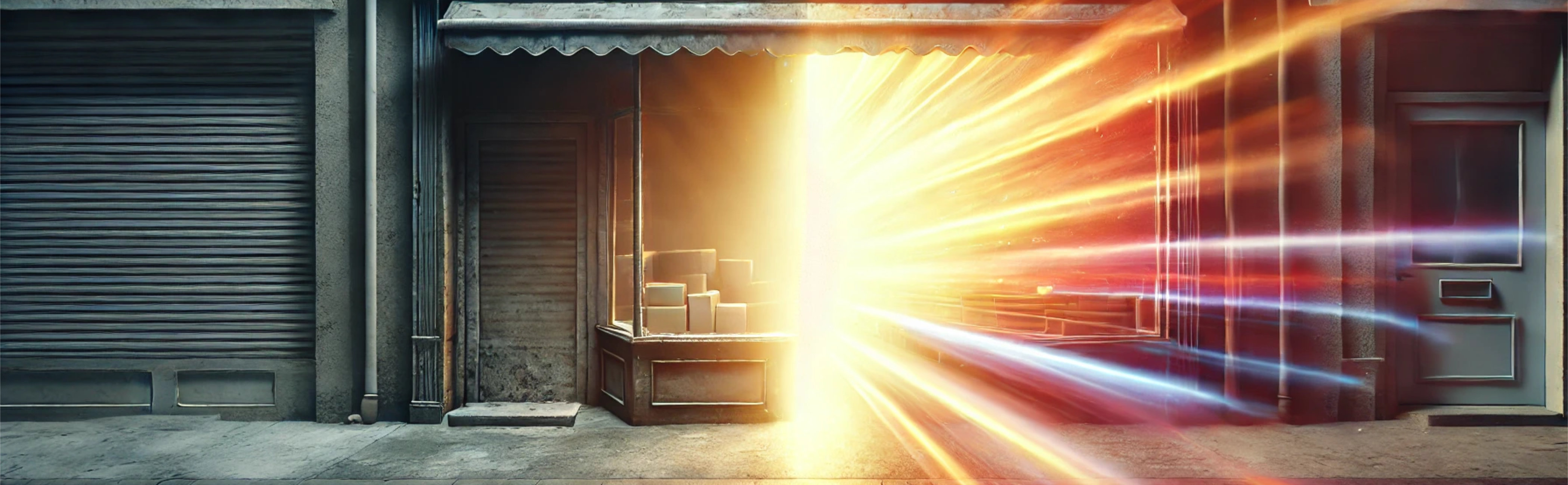 A visually striking conceptual image symbolising the shift from flat sales to success through storytelling. The scene features a dull, grey shopfront contrasting to an bright vivid one with light rays shining out.