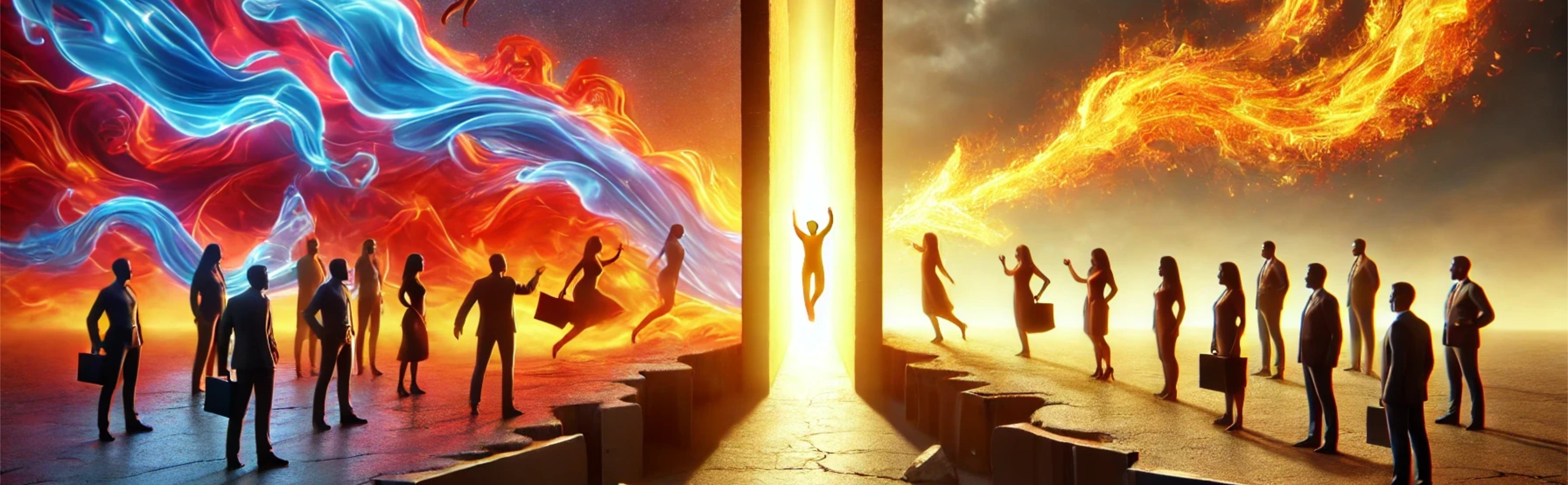A visually striking conceptual digital image showing two different sides of a chasm joining at a portal of light. This represents sales and marketing coming to gether to delight the customer.