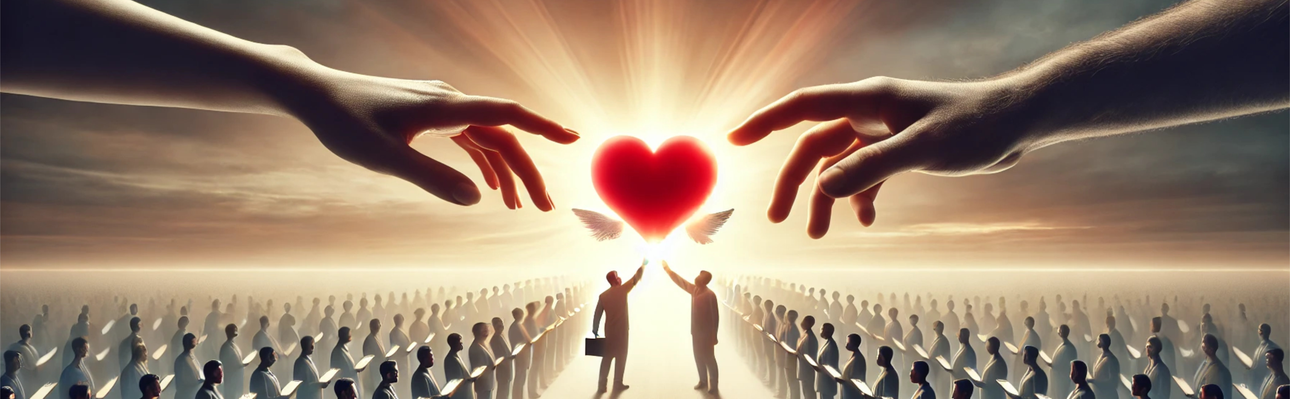 A visually striking conceptual image symbolising emotional connection over customer satisfaction. A glowing red heart floats between two people reaching toward it.