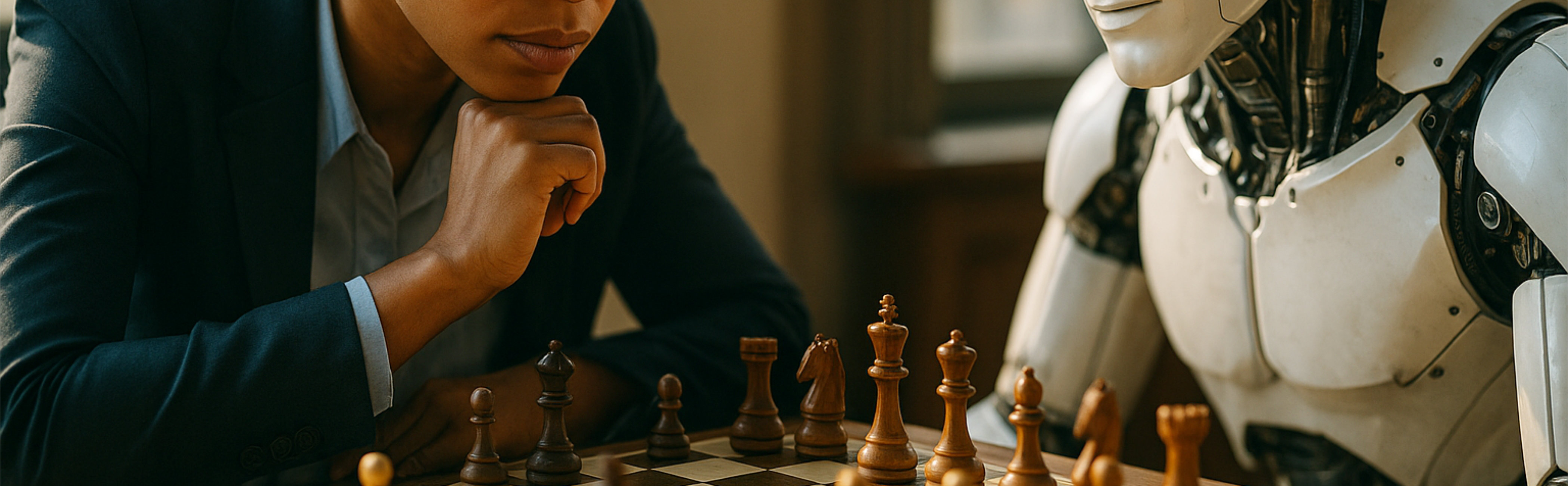 A conceptual image showing a woman and a robot playing chess. It symbolizes the challenge of separating strategy from policy in an AI context.