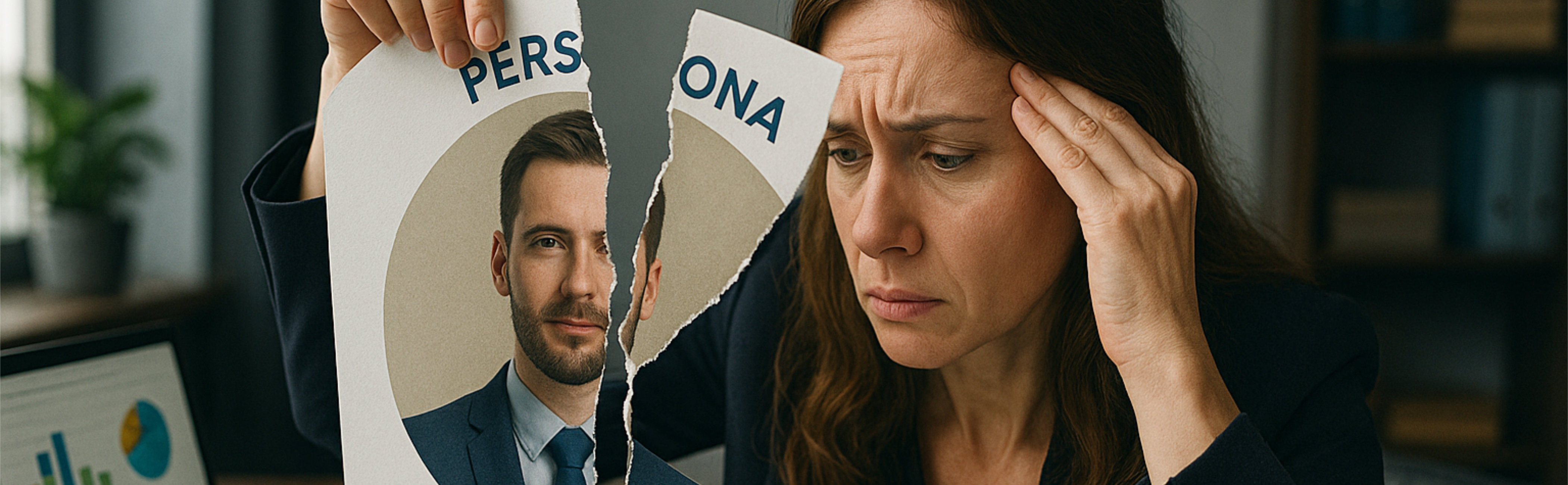 A conceptual image showing a stressed woman working on the tatters of her client persona.