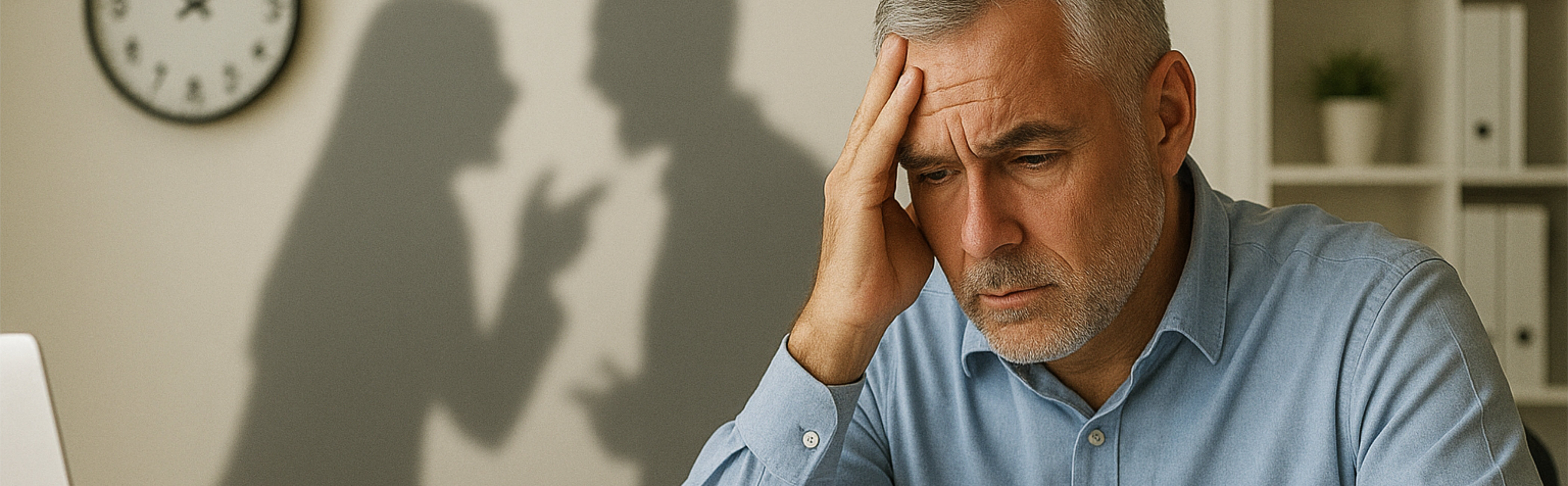 A conceptual image showing a business man being stressed over money, while two shadows representing suppliers talk in the background.