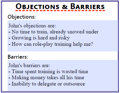 Objections and barriers section of the client avatar worksheet.