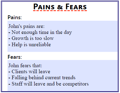 Pains and fears section of the worksheet.