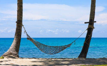A hammock tied between two palm trees on a golden beach on a tropical island.