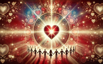 A conceptual image of clients standing around a love heart in the air, symbolizing the coming together of people in love.