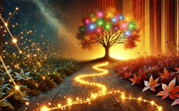 A conceptual image symbolises transformation, growth, and the journey from potential to loyalty. With a path leading to a tree of gems, flanked by flowers.