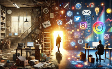 A visually striking conceptual image symbolising the shift from flat sales to success through storytelling. The scene features a dull, grey shopfront contrasting to an bright vivid one with light rays shining out.