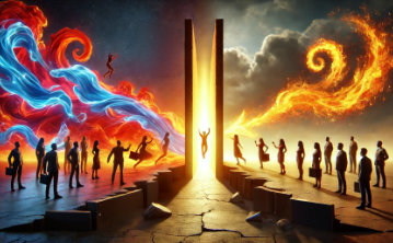 A visually striking conceptual digital image showing two different sides of a chasm joining at a portal of light. This represents sales and marketing coming to gether to delight the customer.