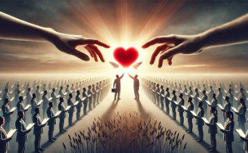 A visually striking conceptual image symbolising emotional connection over customer satisfaction. A glowing red heart floats between two people reaching toward it.