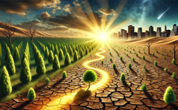 A visually striking conceptual image representing marketing clarity and growth for small businesses. A barren, cracked desert landscape transforms into a lush green forest, with new forest beginning to grow in the desert.