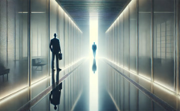 A conceptual and evocative image symbolising client loss in a professional services context as an accountant watches this client walk into the light at the end of the corridor.