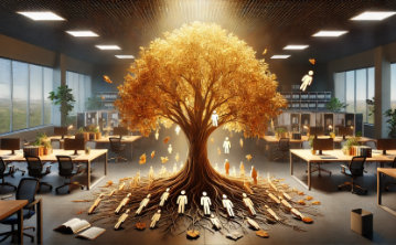 A conceptual image clearly representing client retention in professional services. A large tree stands in the centre of a professional office with clients entering at the roots and leaving into the air near the top.