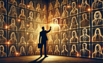 A conceptual and emotionally evocative image representing the theme of market research and discovering the ideal client. A businessperson is standing in front of potential clients and choosing the perfect one.