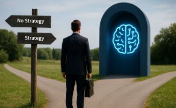 A conceptual image showing a man, standing before three paths, one to make an AI strategy, one to no and another unknown path.